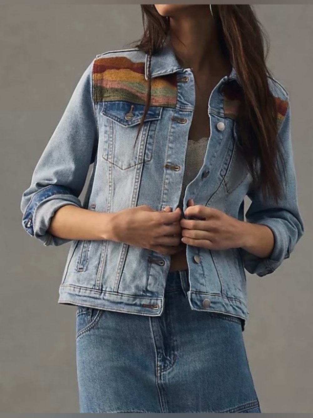 Driftwood Landscape Denim Embroidered Jean Jacket, Blue, Women’s XL